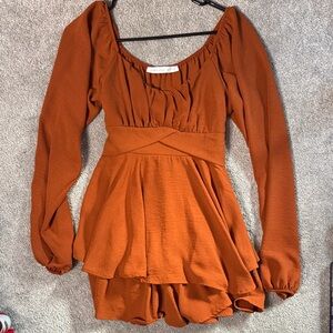 Rust Orange Long Sleeve Romper Dress